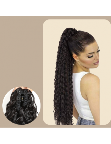 Queue de cheval Ponytail  Noir à Pince Naturel Remy Hair Deep Wave soldes