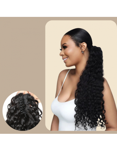 Queue de cheval Ponytail  Noir à Pince Naturel Remy Hair Water Wave pas cher 