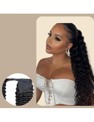 Queue de cheval Ponytail  Noir Ruban Magique Remy Hair Deep Wave la colonne vertébrale