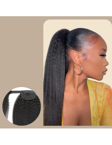 Queue de cheval Ponytail  Noir Ruban Magique Remy Hair Kinky Straight Véritable concentré